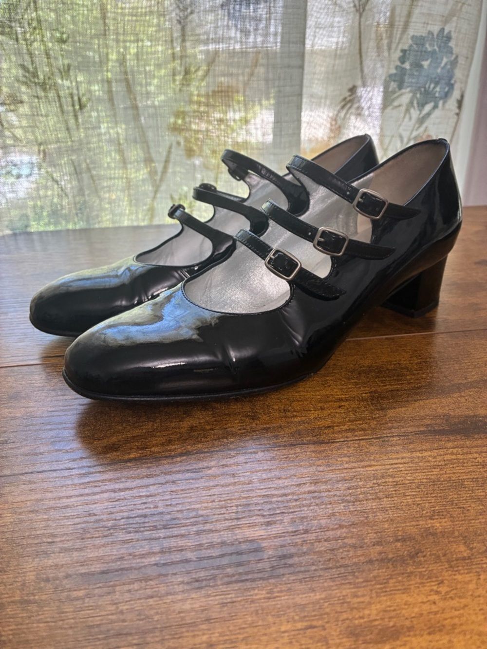 Carel Paris Patent Triple-Strap Black Mary Jane Heels Black 37.5
